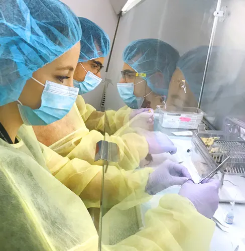 Curtis and Bridget train with lab tools to use for animal research